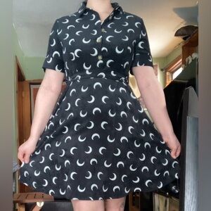 Whimsical Corduroy Black Midi Dress with Moon Pattern